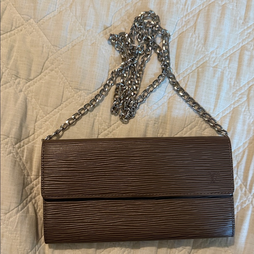 Louis Vuitton Brown Leather Wallet with Silver Chain